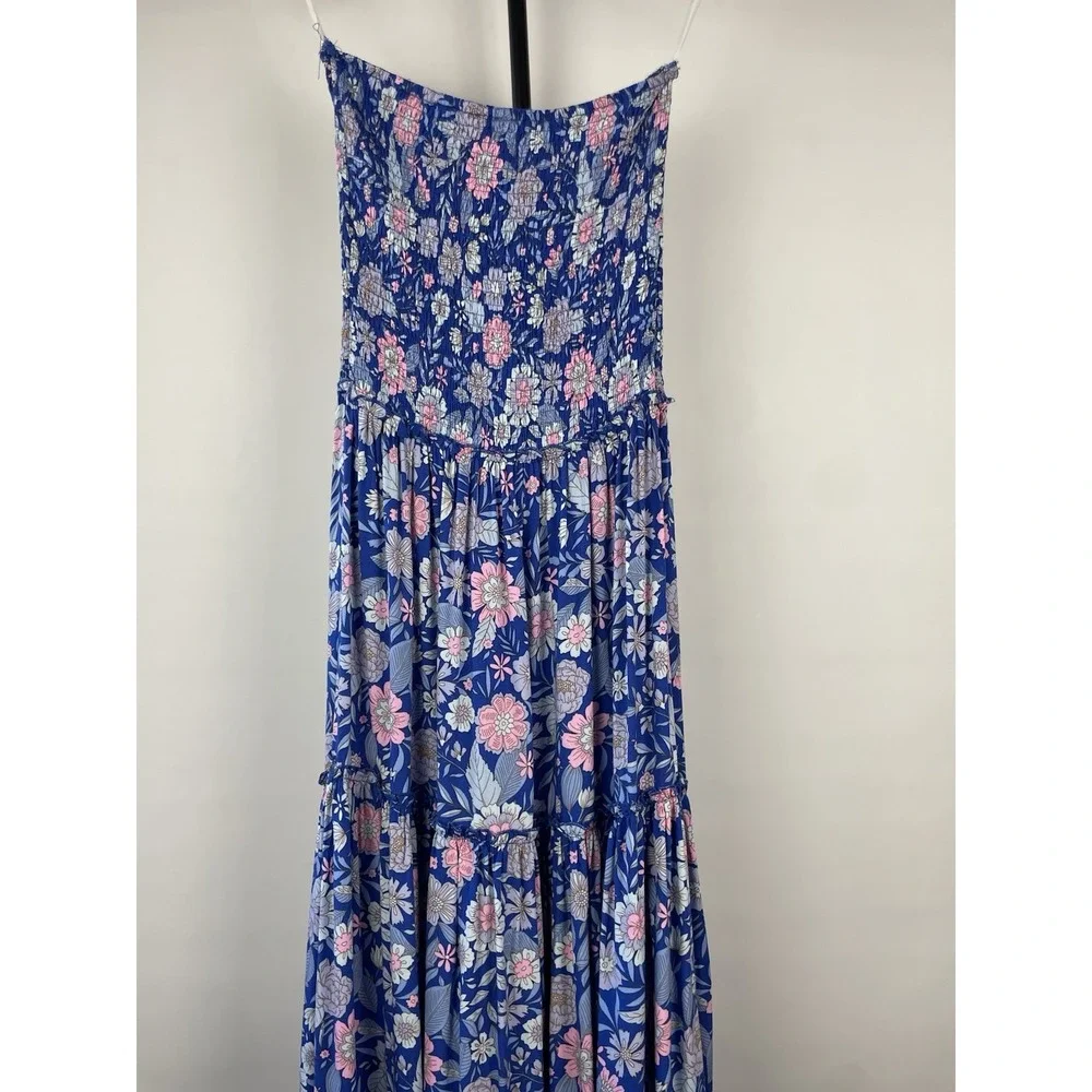 Abel The Label Womens Strapless Maxi Dress Sz S Blue Pink Floral Smocked Boho - Picture 7 of 8